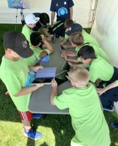 Children watching our clean water 360 video on ipads